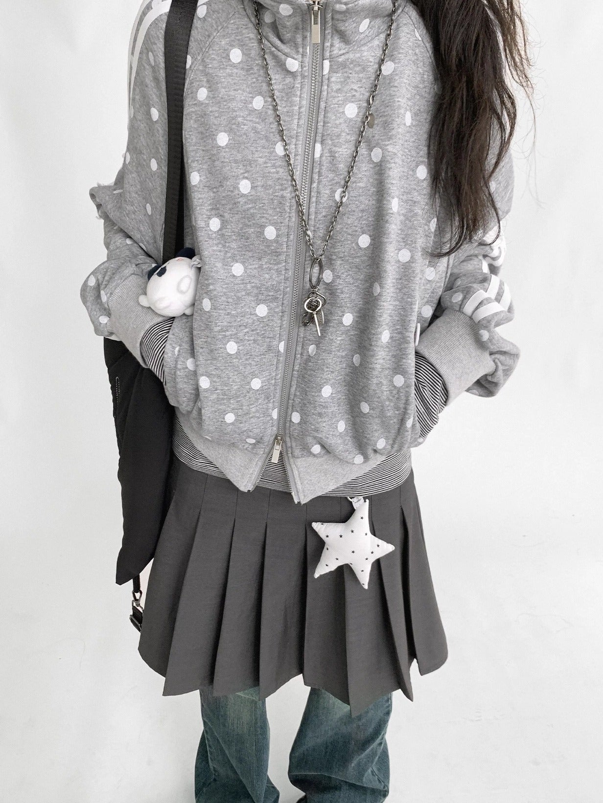 innomoood Loose Terry Zip Front Stand Collar Polka Dot Commuter Women Cardigan Sweatshirt
