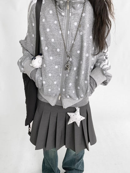 innomoood Loose Terry Zip Front Stand Collar Polka Dot Commuter Women Cardigan Sweatshirt