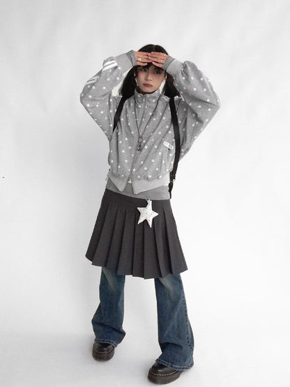 innomoood Loose Terry Zip Front Stand Collar Polka Dot Commuter Women Cardigan Sweatshirt