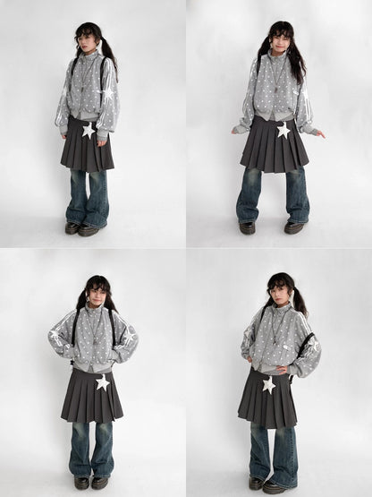 innomoood Loose Terry Zip Front Stand Collar Polka Dot Commuter Women Cardigan Sweatshirt