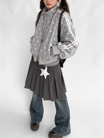 innomoood Loose Terry Zip Front Stand Collar Polka Dot Commuter Women Cardigan Sweatshirt