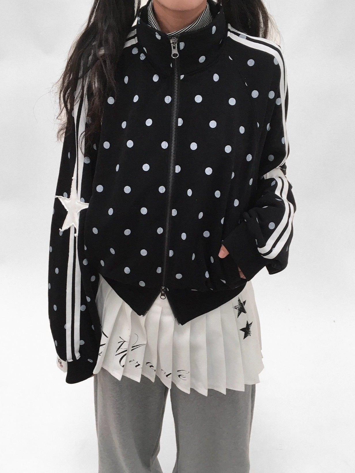 innomoood Loose Terry Zip Front Stand Collar Polka Dot Commuter Women Cardigan Sweatshirt