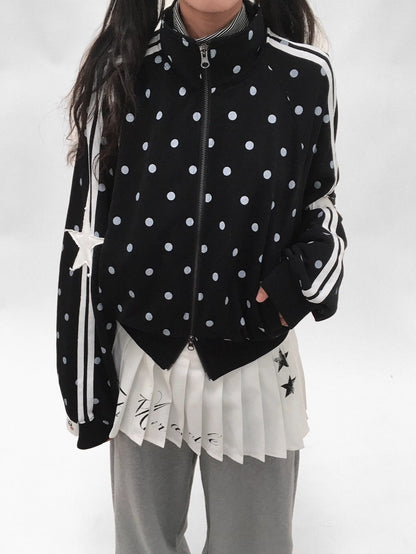 innomoood Loose Terry Zip Front Stand Collar Polka Dot Commuter Women Cardigan Sweatshirt