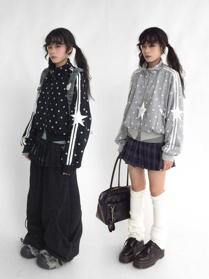 innomoood Loose Terry Zip Front Stand Collar Polka Dot Commuter Women Cardigan Sweatshirt