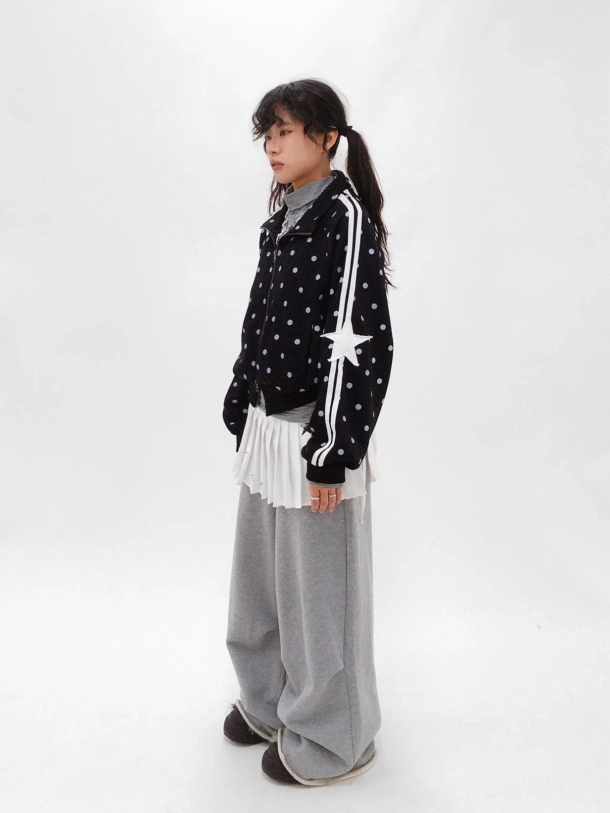 innomoood Loose Terry Zip Front Stand Collar Polka Dot Commuter Women Cardigan Sweatshirt