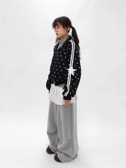 innomoood Loose Terry Zip Front Stand Collar Polka Dot Commuter Women Cardigan Sweatshirt