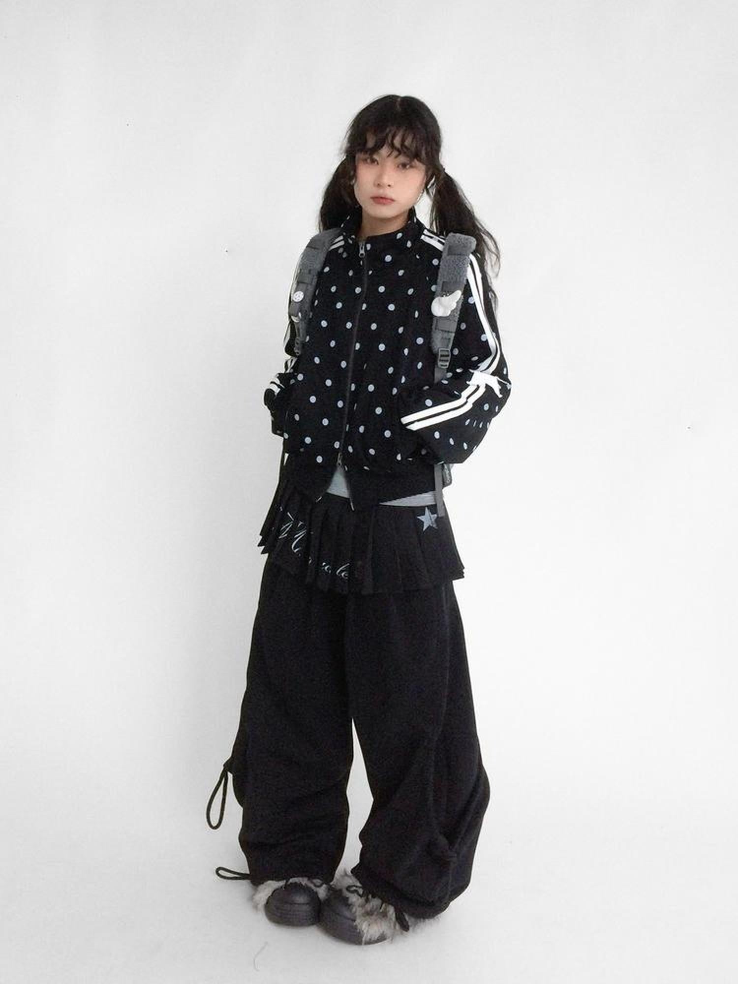 innomoood Loose Terry Zip Front Stand Collar Polka Dot Commuter Women Cardigan Sweatshirt