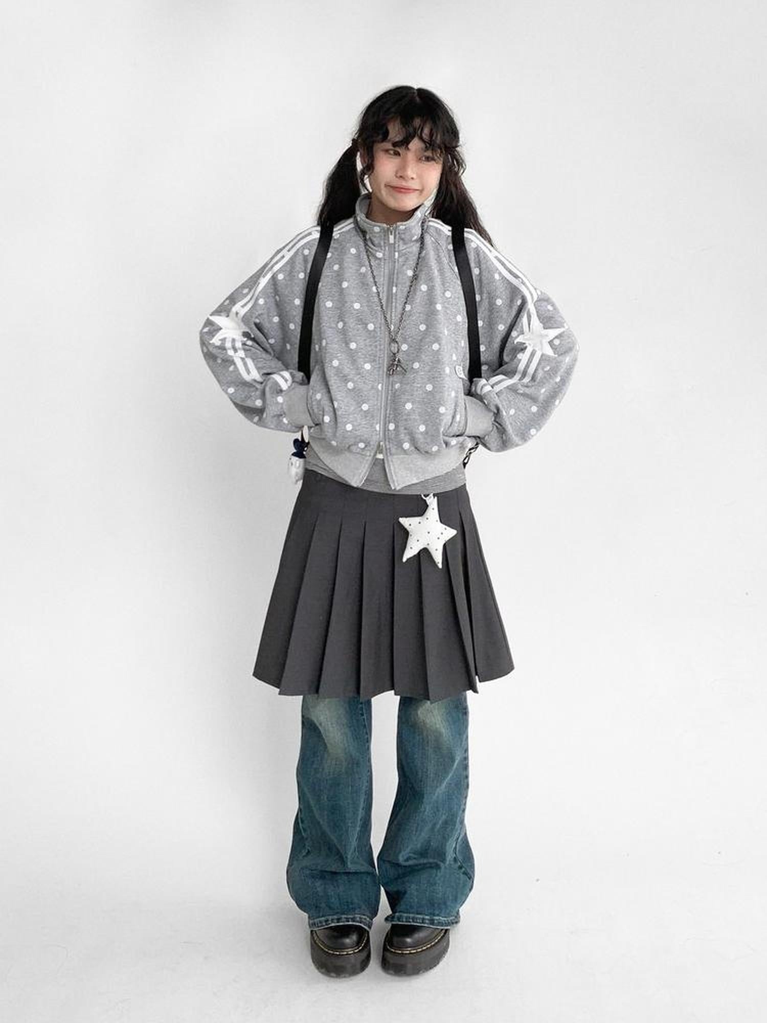 innomoood Loose Terry Zip Front Stand Collar Polka Dot Commuter Women Cardigan Sweatshirt