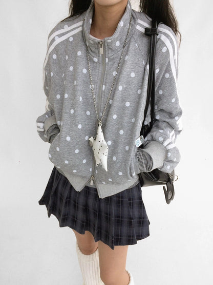 innomoood Loose Terry Zip Front Stand Collar Polka Dot Commuter Women Cardigan Sweatshirt