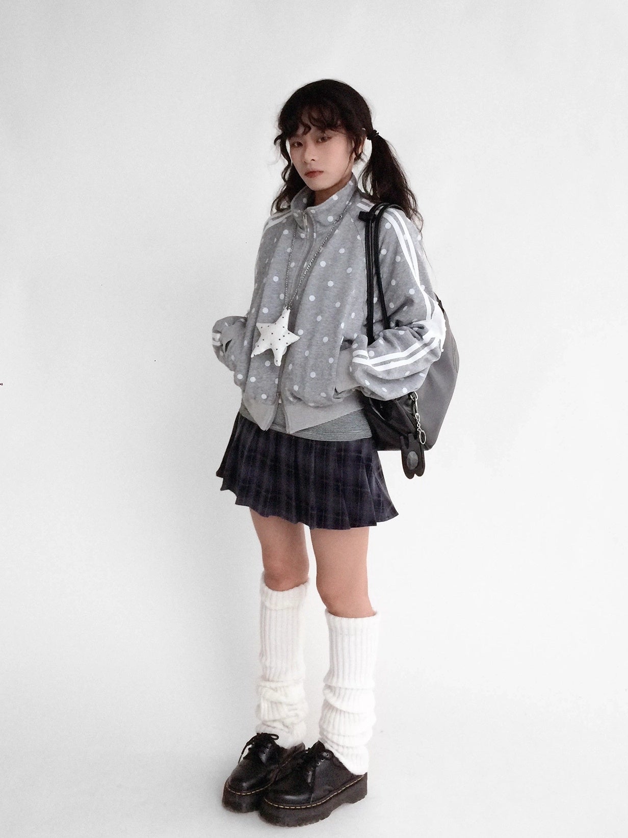 innomoood Loose Terry Zip Front Stand Collar Polka Dot Commuter Women Cardigan Sweatshirt