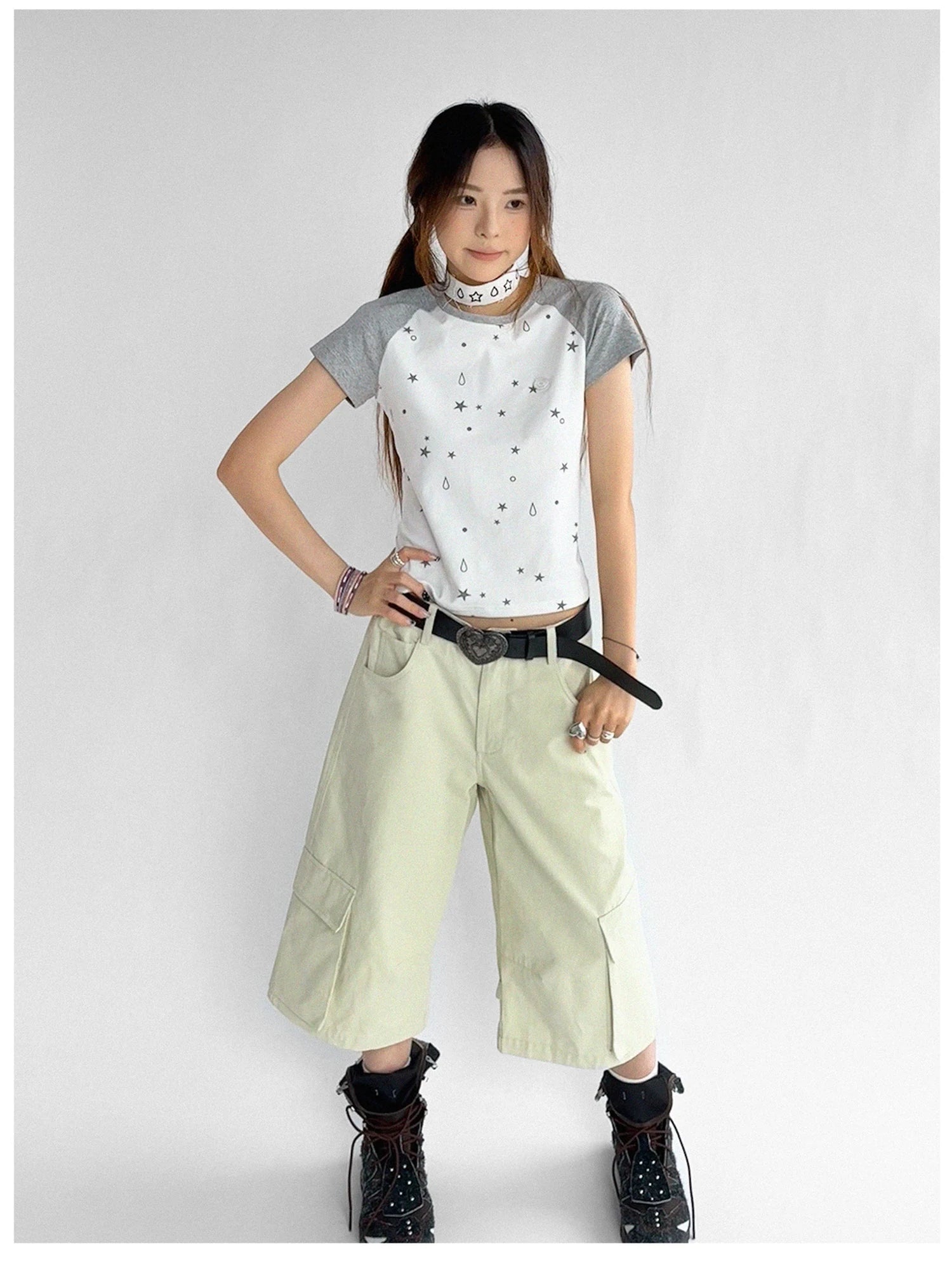 Low Rise Wide Leg Trousers with Adjustable Pockets in Ice Mint