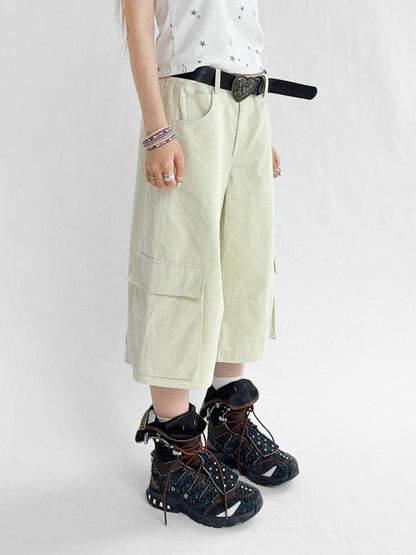 innomoood Low Rise Wide Leg Trousers with Adjustable Pockets in Ice Mint