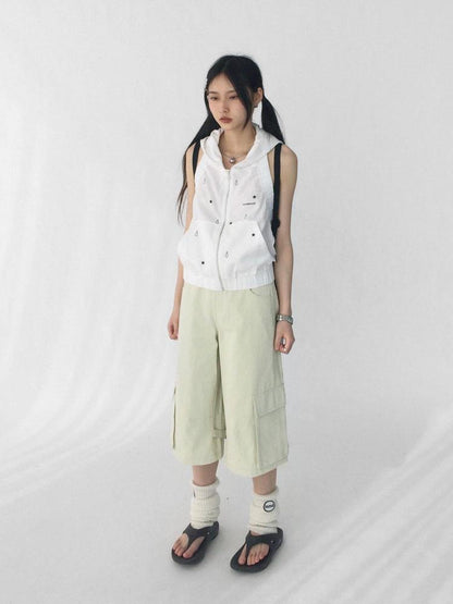 innomoood Low Rise Wide Leg Trousers with Adjustable Pockets in Ice Mint