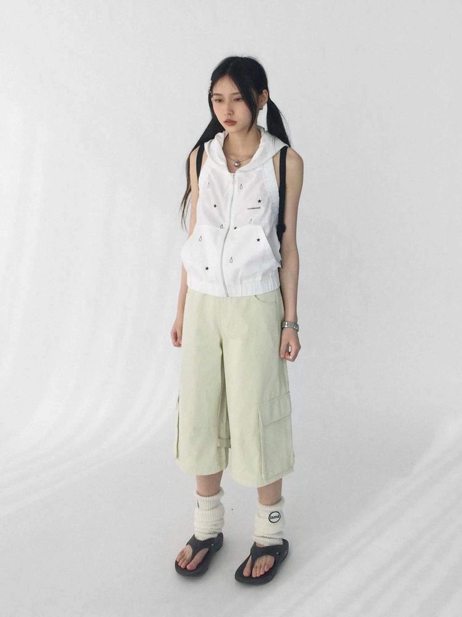 Low Rise Wide Leg Trousers with Adjustable Pockets in Ice Mint