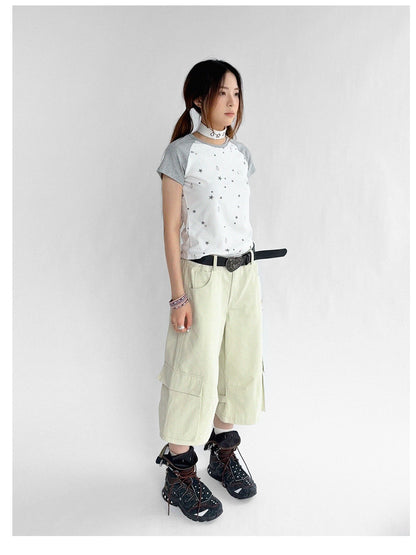 innomoood Low Rise Wide Leg Trousers with Adjustable Pockets in Ice Mint
