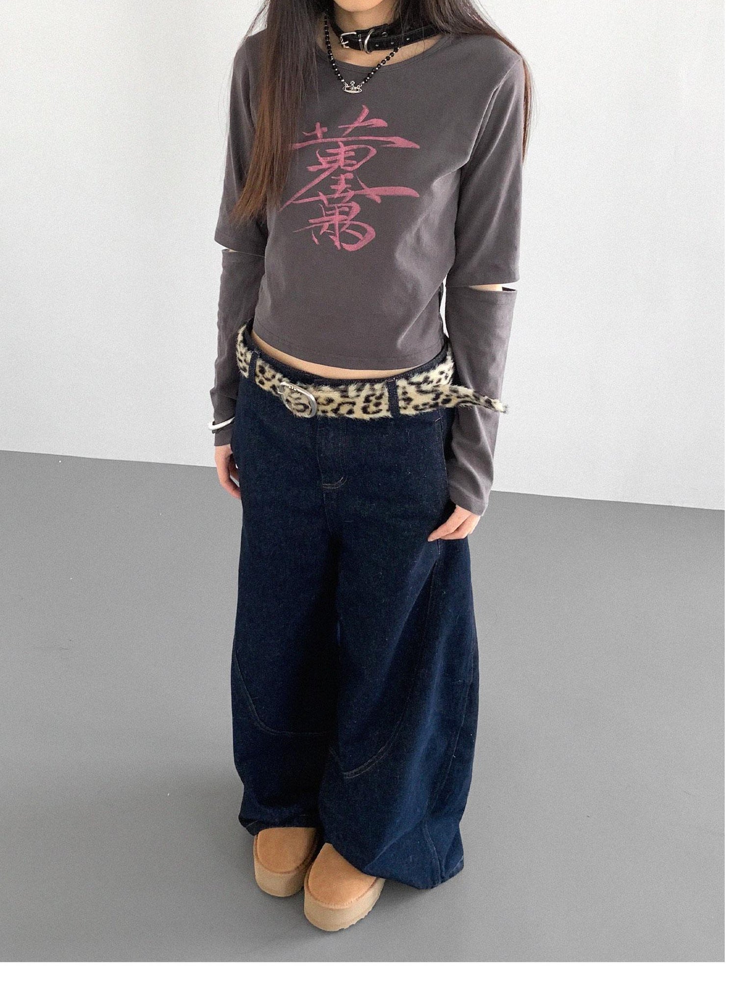 innomoood Lucky Words Print Cotton Tee Relaxed Fit Long Sleeve