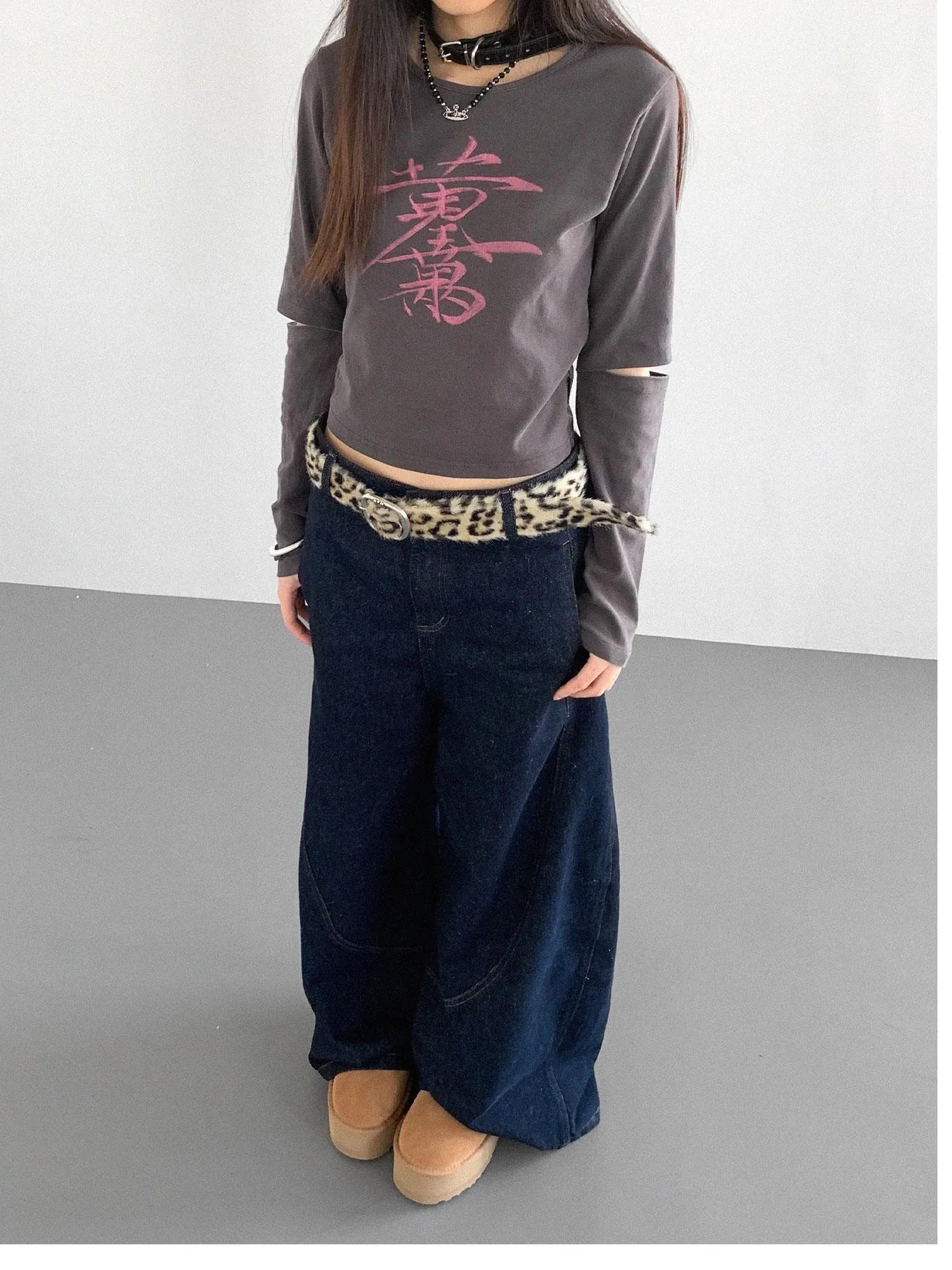 Lucky Words Print Cotton Tee Relaxed Fit Long Sleeve