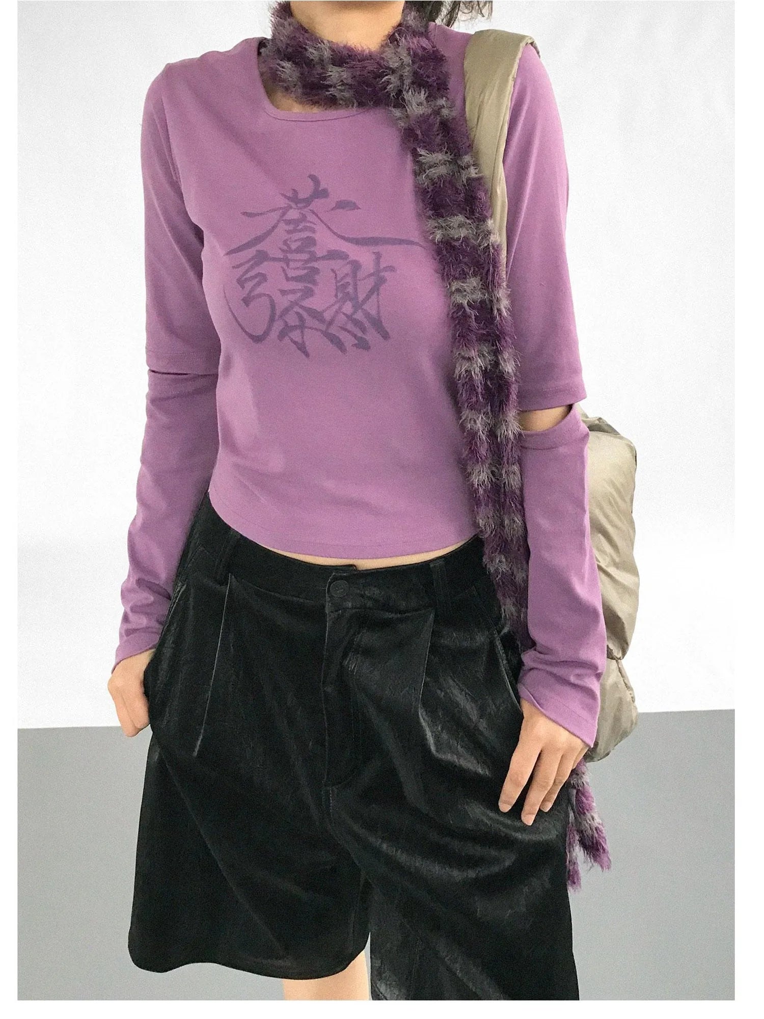 Lucky Words Print Cotton Tee Relaxed Fit Long Sleeve