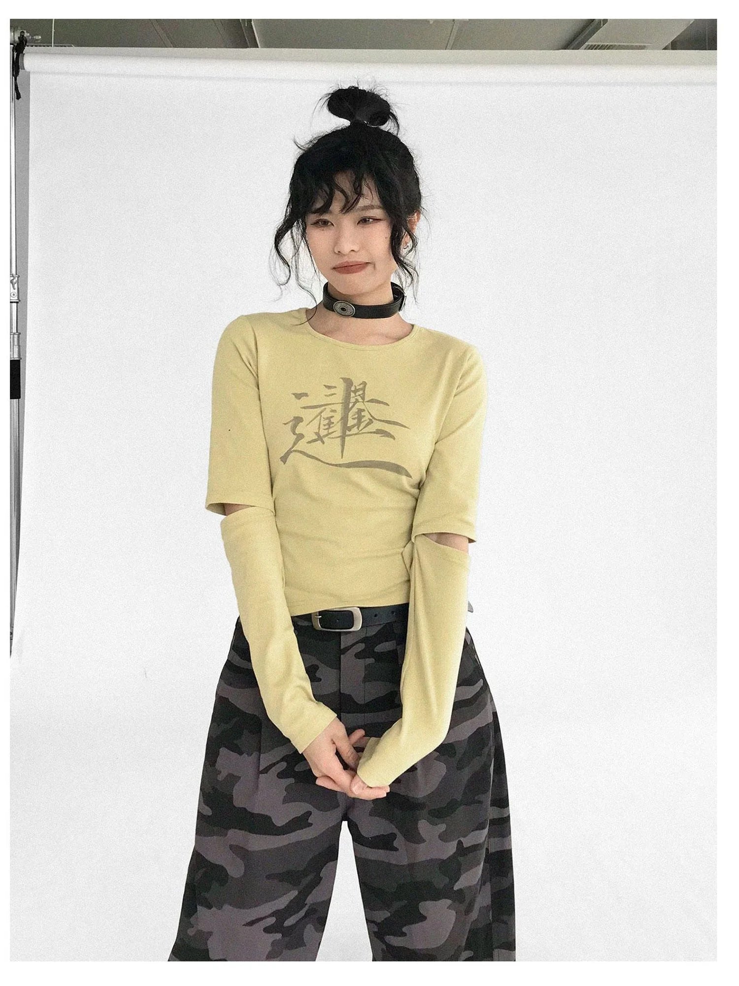 Lucky Words Print Cotton Tee Relaxed Fit Long Sleeve