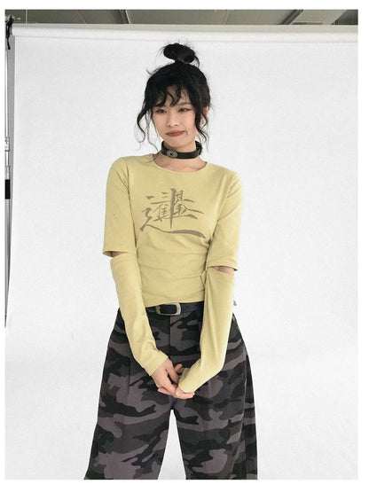 Lucky Words Print Cotton Tee Relaxed Fit Long Sleeve