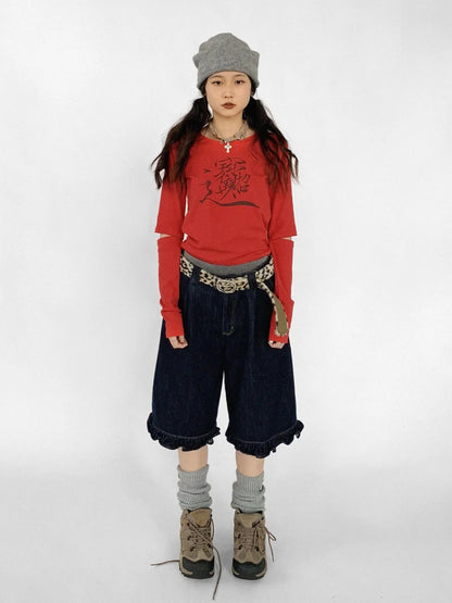 Lucky Words Print Cotton Tee Relaxed Fit Long Sleeve