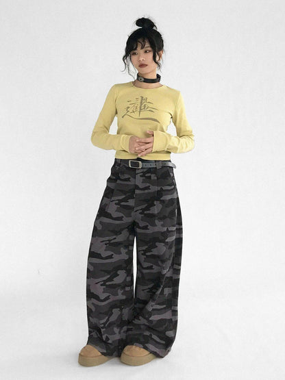 innomoood Lucky Words Print Cotton Tee Relaxed Fit Long Sleeve