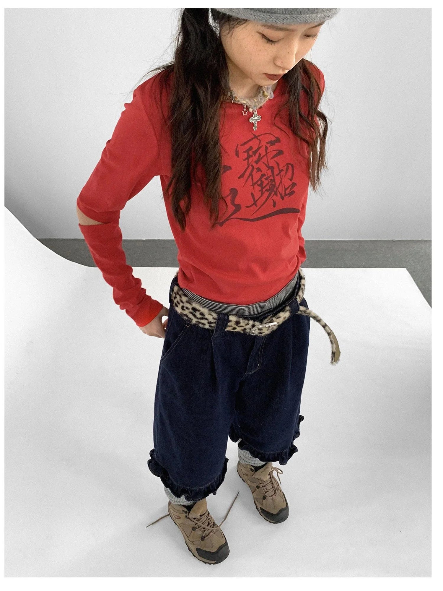 Lucky Words Print Cotton Tee Relaxed Fit Long Sleeve