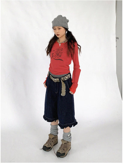 innomoood Lucky Words Print Cotton Tee Relaxed Fit Long Sleeve