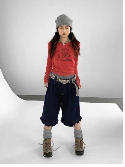 Lucky Words Print Cotton Tee Relaxed Fit Long Sleeve