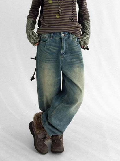 innomoood Machine Embroidered Vintage Straight Natural Waist Casual Unisex Denim Jeans