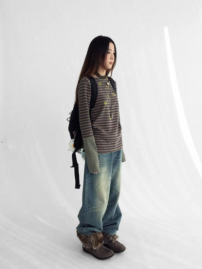 innomoood Machine Embroidered Vintage Straight Natural Waist Casual Unisex Denim Jeans