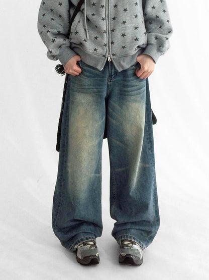 innomoood Machine Embroidered Vintage Straight Natural Waist Casual Unisex Denim Jeans