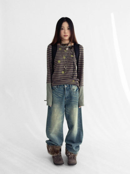 innomoood Machine Embroidered Vintage Straight Natural Waist Casual Unisex Denim Jeans