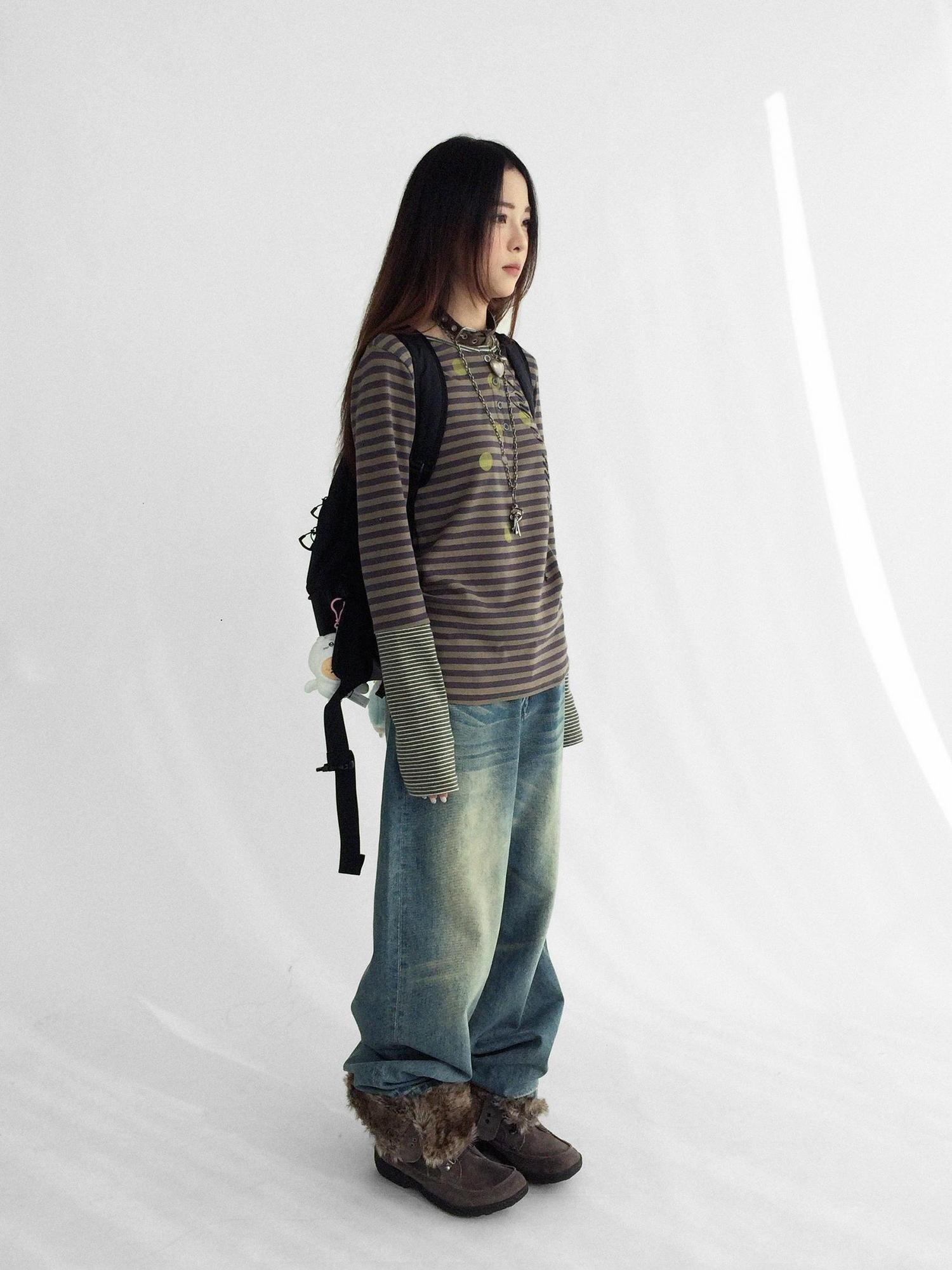 innomoood Machine Embroidered Vintage Straight Natural Waist Casual Unisex Denim Jeans