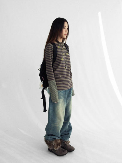 innomoood Machine Embroidered Vintage Straight Natural Waist Casual Unisex Denim Jeans