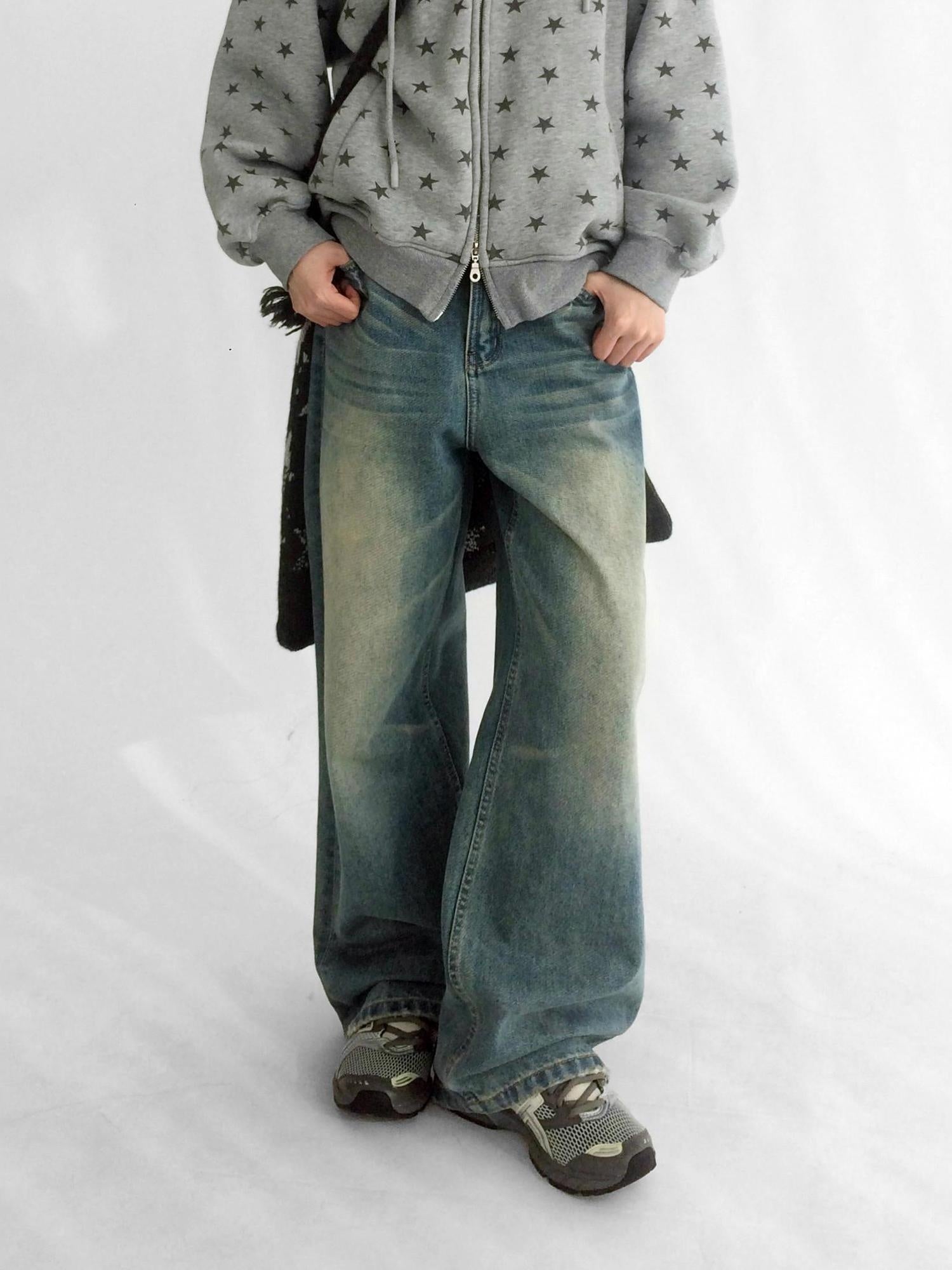 innomoood Machine Embroidered Vintage Straight Natural Waist Casual Unisex Denim Jeans