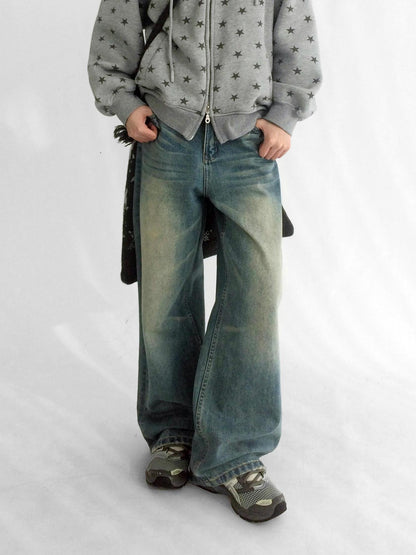 innomoood Machine Embroidered Vintage Straight Natural Waist Casual Unisex Denim Jeans