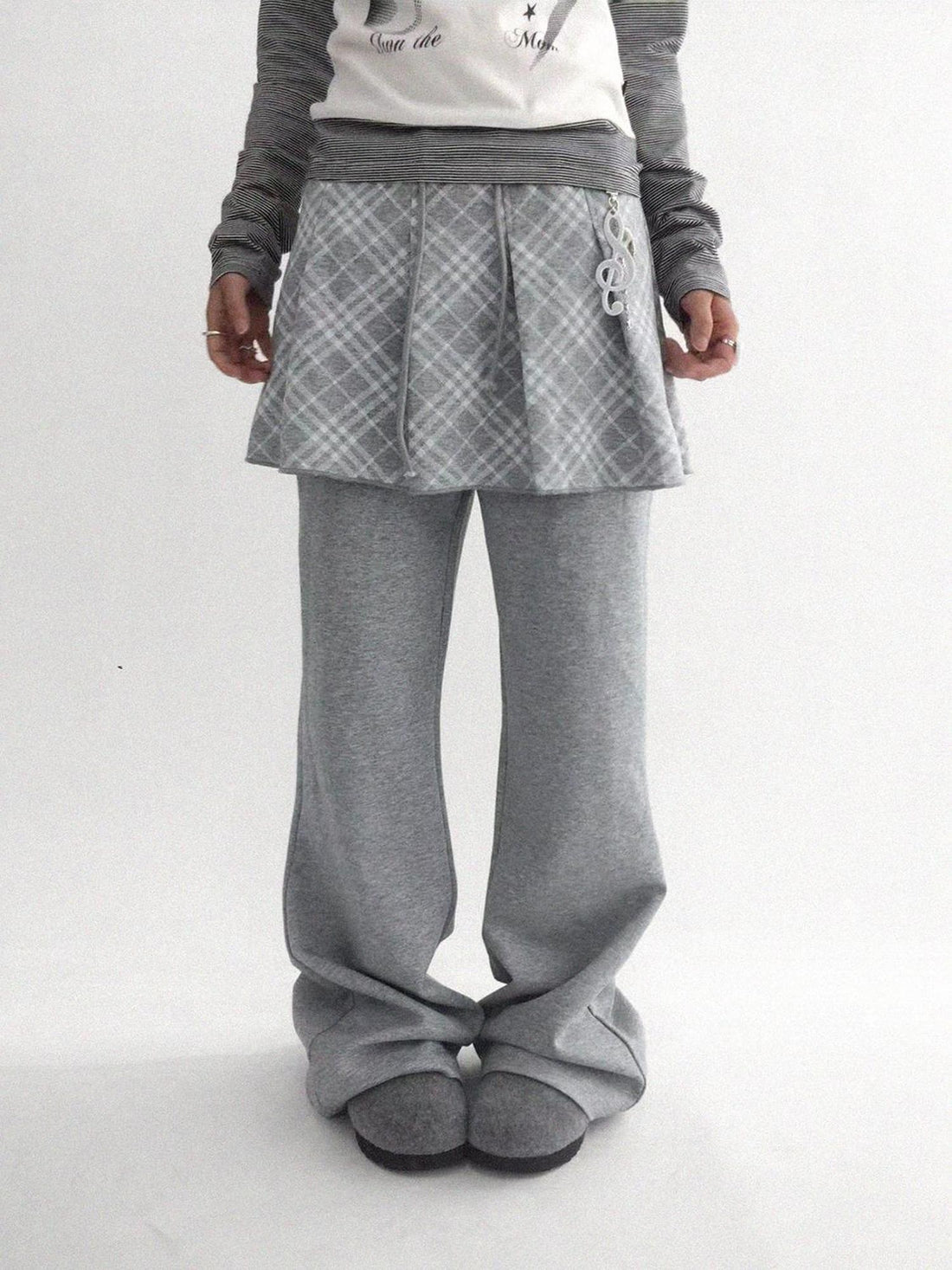 innomoood Minimalist Plaid Knit Faux Two Piece Relaxed Flared Natural Waist Women Pants
