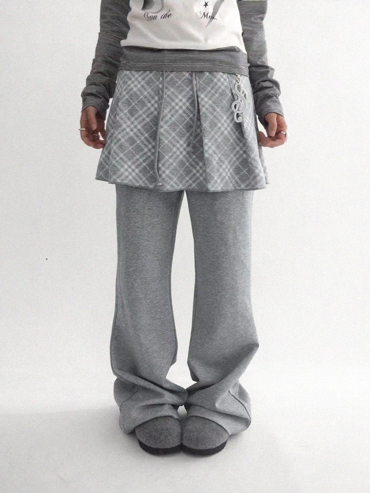 innomoood Minimalist Plaid Knit Faux Two Piece Relaxed Flared Natural Waist Women Pants