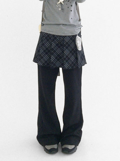 innomoood Minimalist Plaid Knit Faux Two Piece Relaxed Flared Natural Waist Women Pants