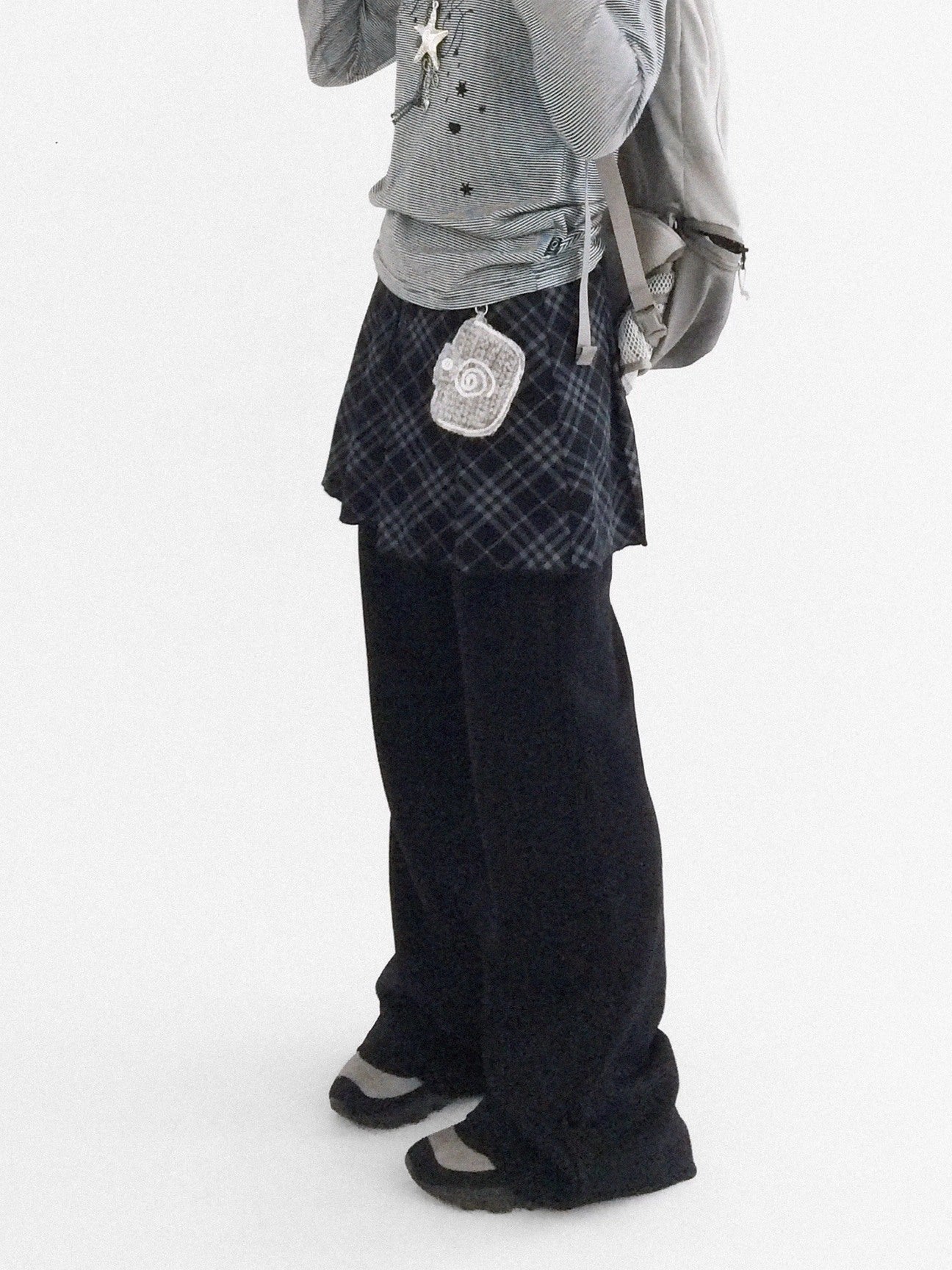 innomoood Minimalist Plaid Knit Faux Two Piece Relaxed Flared Natural Waist Women Pants