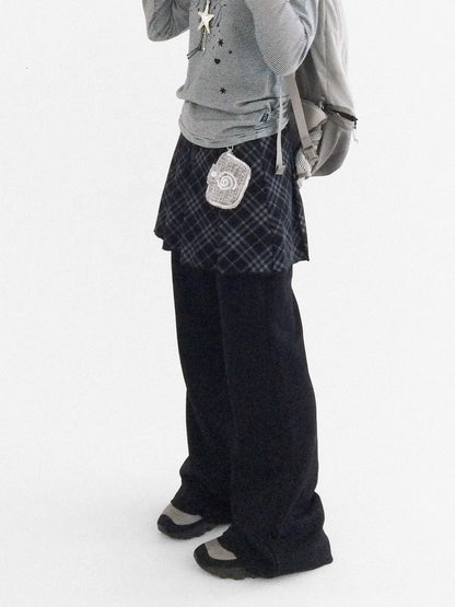 innomoood Minimalist Plaid Knit Faux Two Piece Relaxed Flared Natural Waist Women Pants