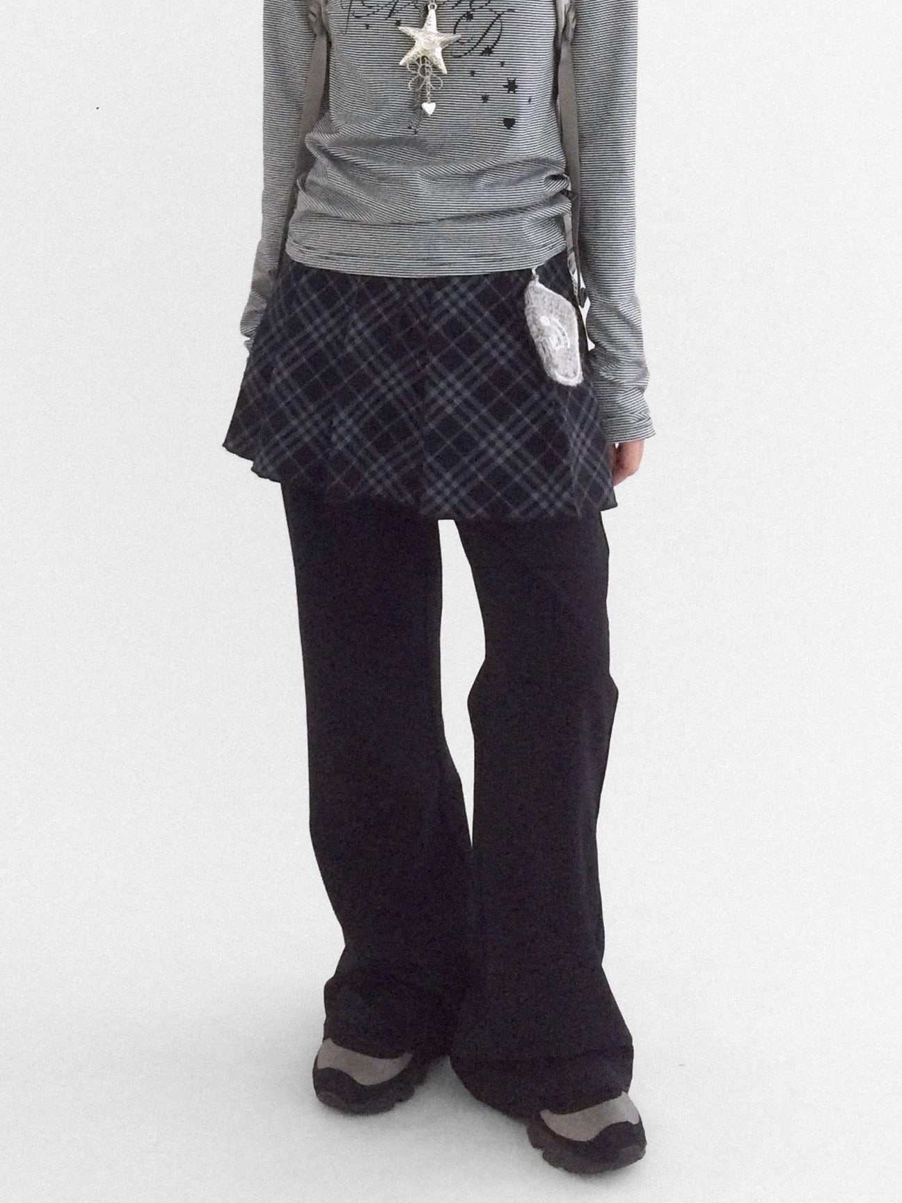 innomoood Minimalist Plaid Knit Faux Two Piece Relaxed Flared Natural Waist Women Pants