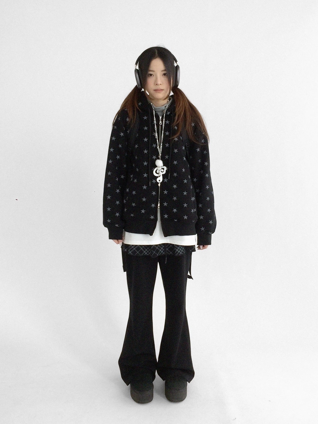 innomoood Minimalist Plaid Knit Faux Two Piece Relaxed Flared Natural Waist Women Pants