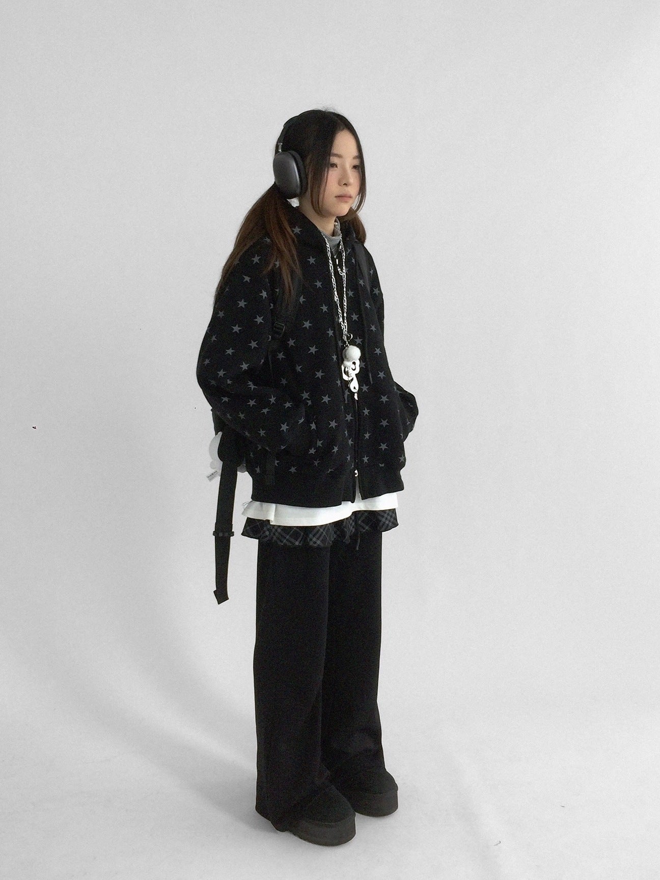 innomoood Minimalist Plaid Knit Faux Two Piece Relaxed Flared Natural Waist Women Pants