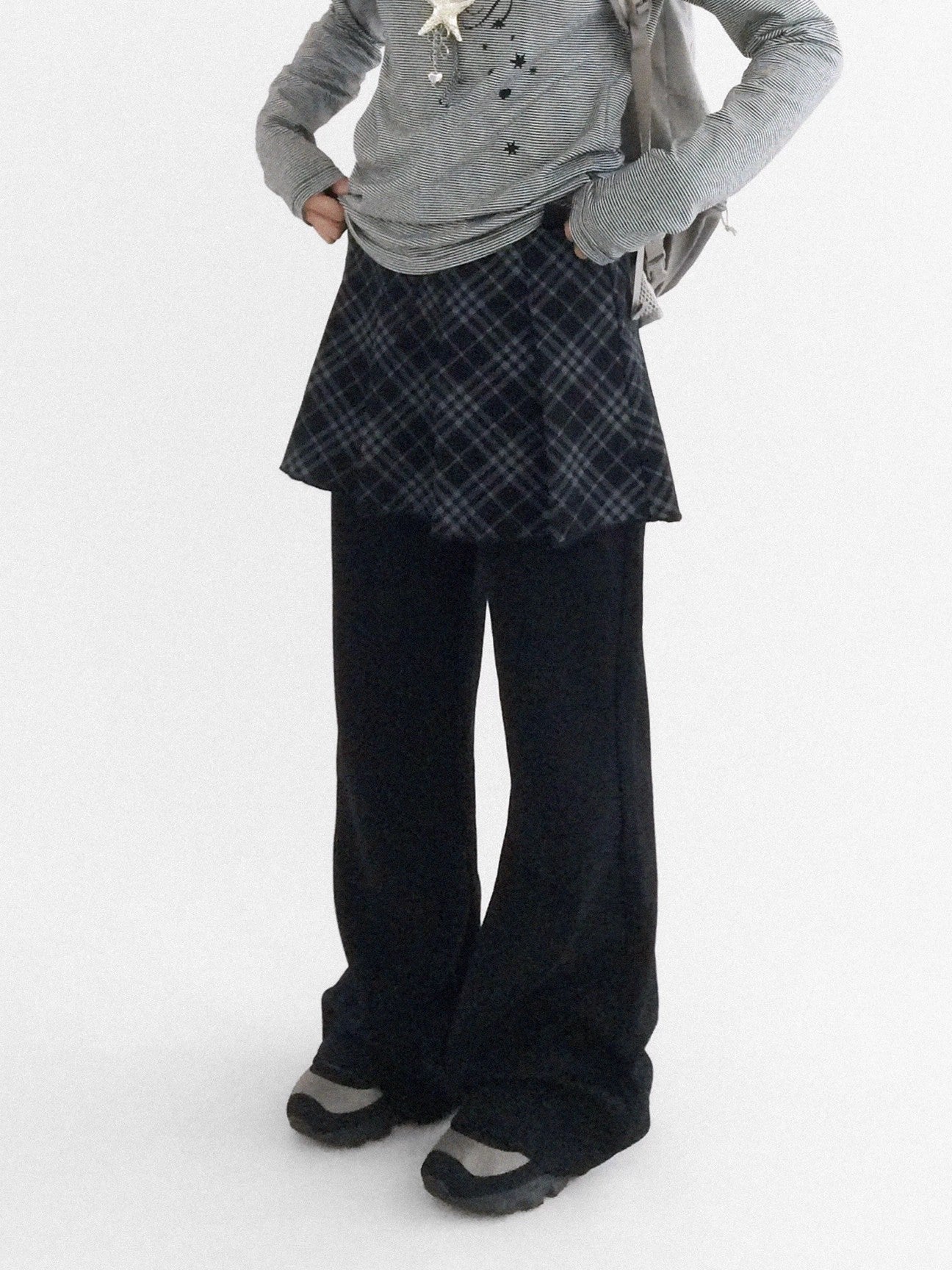 innomoood Minimalist Plaid Knit Faux Two Piece Relaxed Flared Natural Waist Women Pants