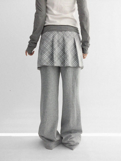 innomoood Minimalist Plaid Knit Faux Two Piece Relaxed Flared Natural Waist Women Pants