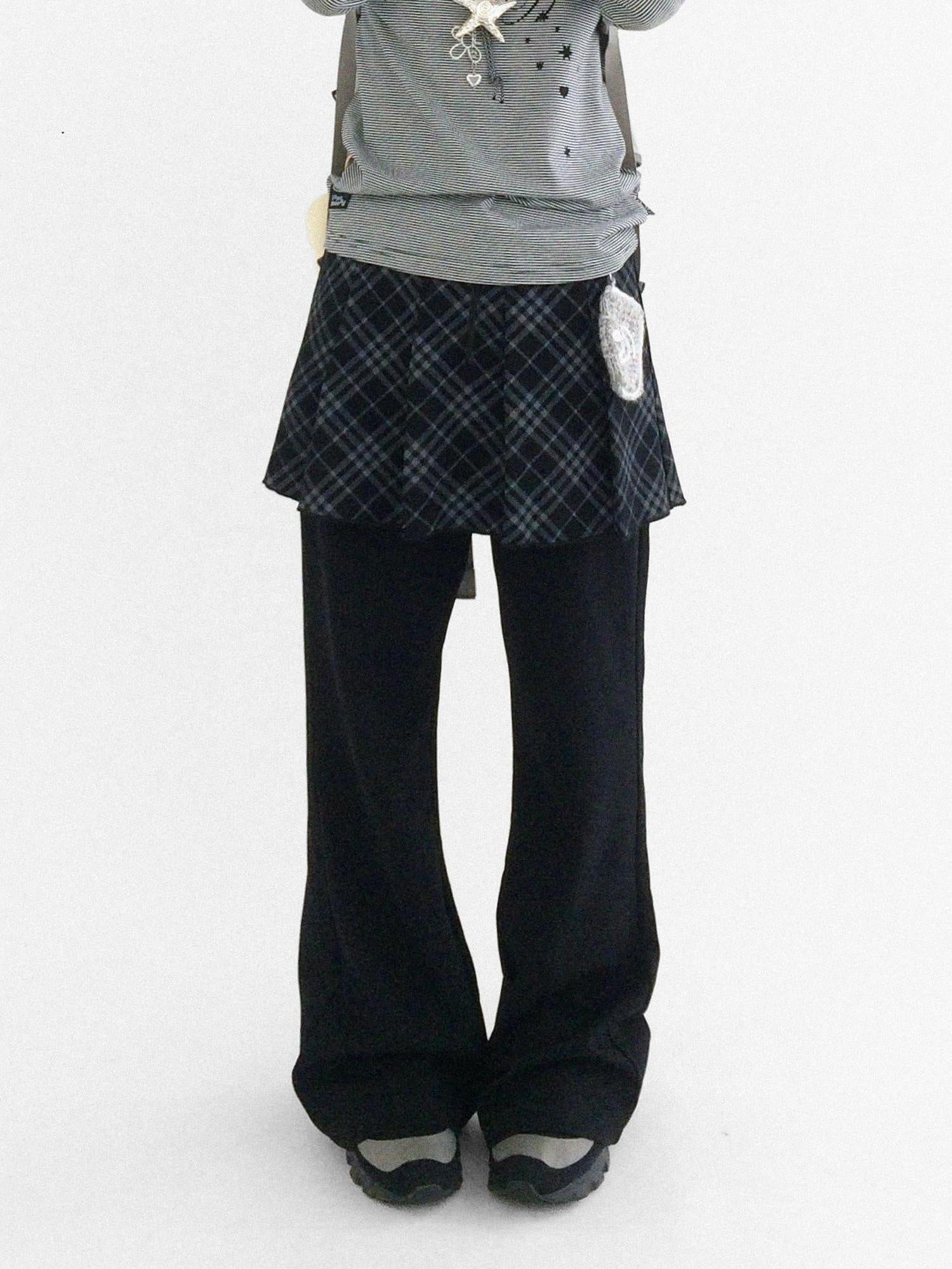 innomoood Minimalist Plaid Knit Faux Two Piece Relaxed Flared Natural Waist Women Pants