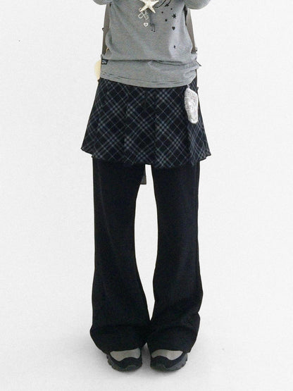 innomoood Minimalist Plaid Knit Faux Two Piece Relaxed Flared Natural Waist Women Pants