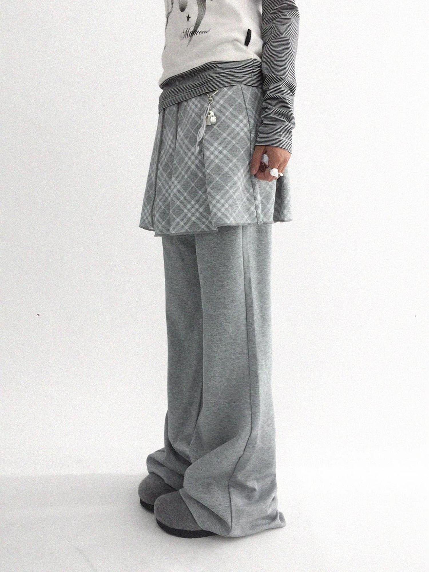 innomoood Minimalist Plaid Knit Faux Two Piece Relaxed Flared Natural Waist Women Pants